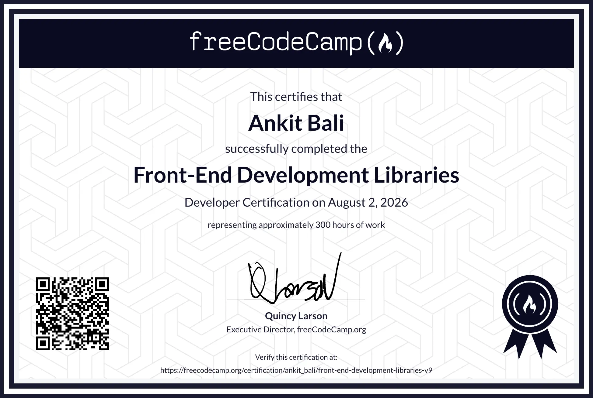 Front-End Libraries Developer Certification certificate