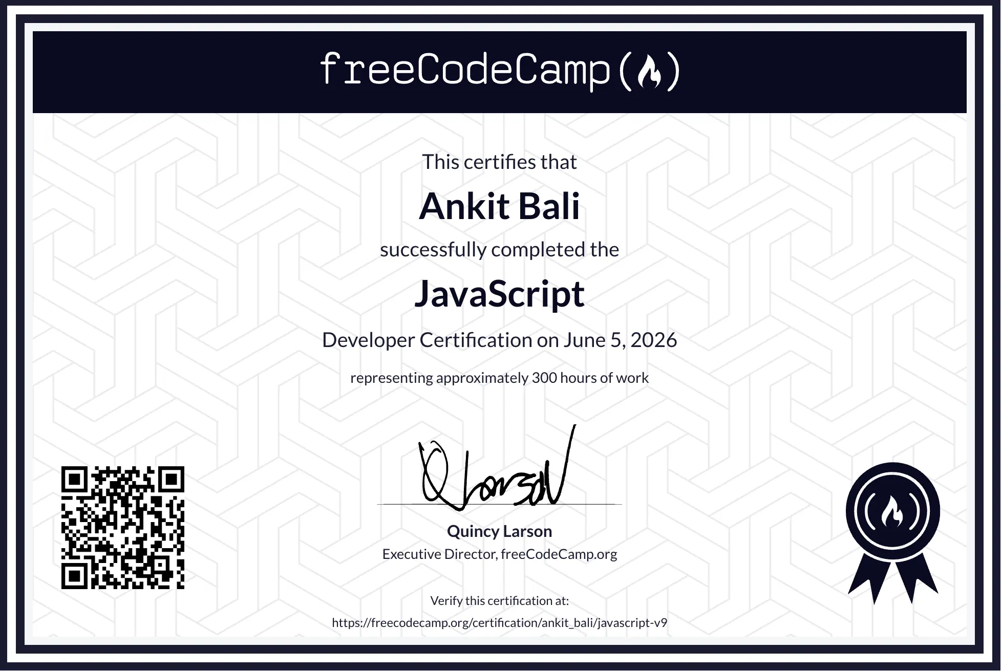 JavaScript Developer Certification certificate