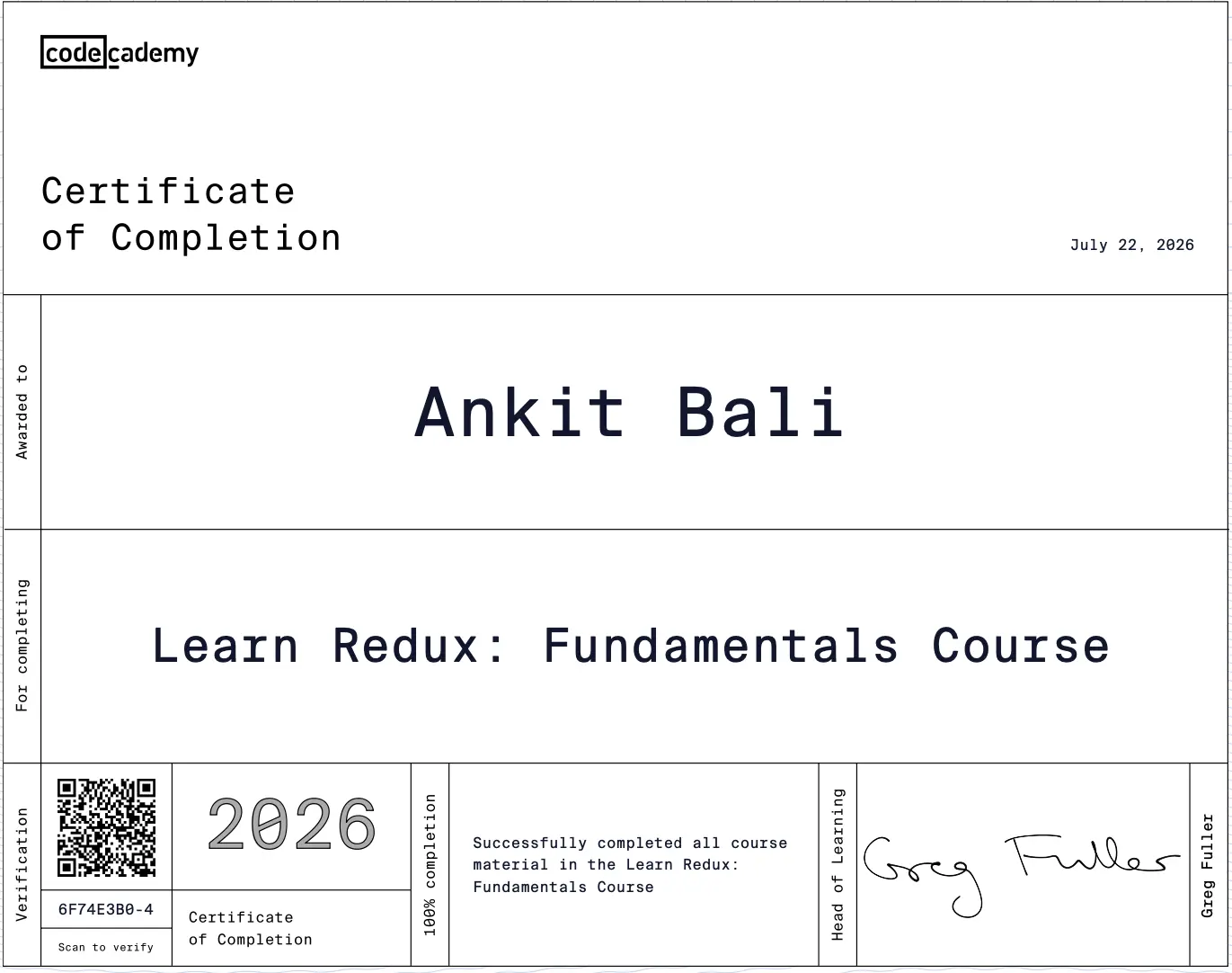 Redux Fundamentals Course certificate